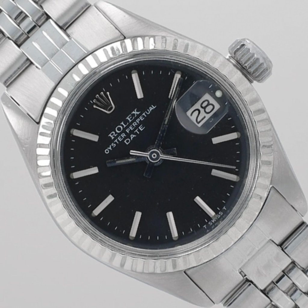Rolex Ladies Date 26mm Steel Black Index Dial Fluted Bezel Jubilee Band 6917